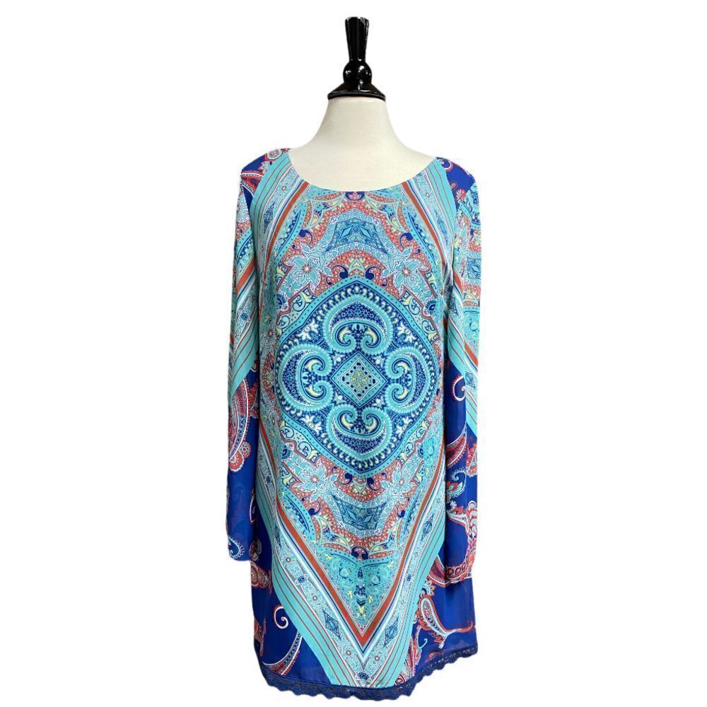 Sequin Hearts Blue Multi Bell Long Sleeve Dress Size Large NWOT
